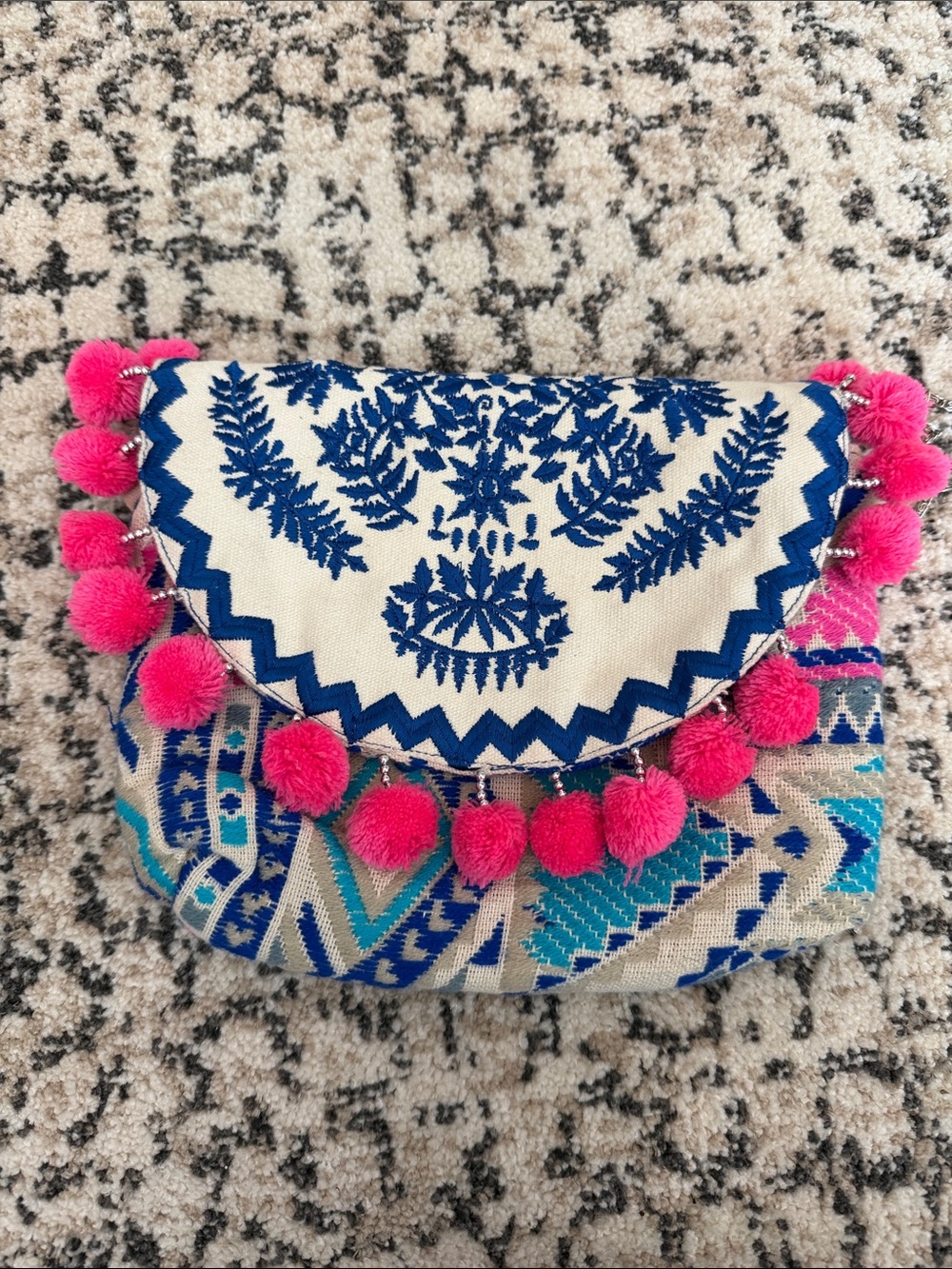 Boho Embroidered Pom-Pom Clutch - Blue & Hot Pink